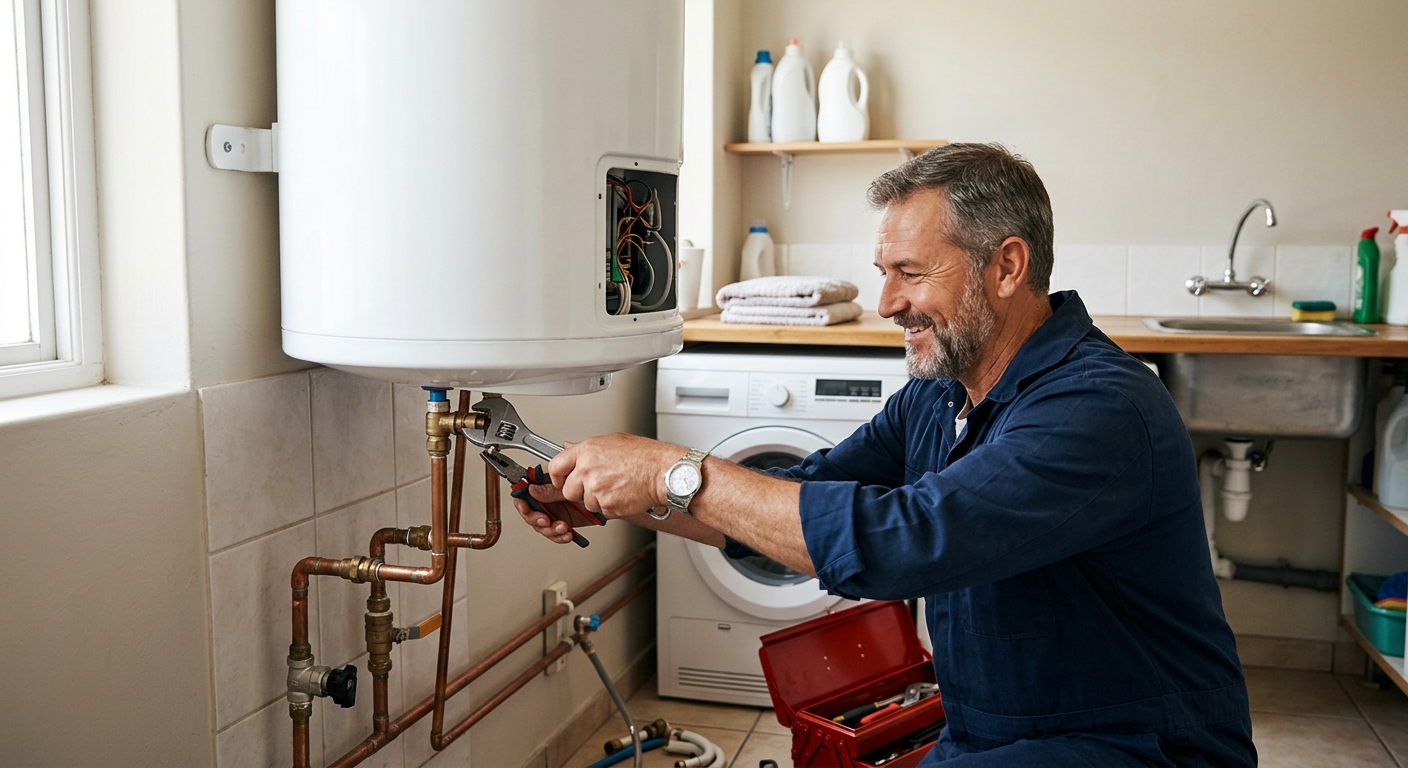 Artisan plombier réparant un chauffe-eau à Obernai