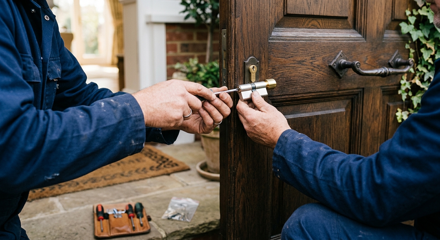Artisan serrurier professionnel intervenant sur une porte d'entrée à Obernai