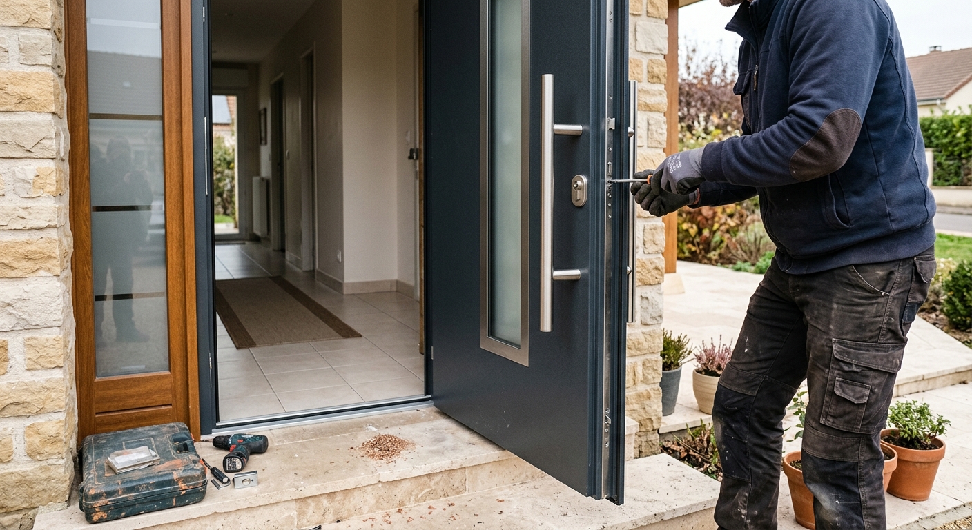 Artisan Muller Services installant une porte blindée haute sécurité à Obernai