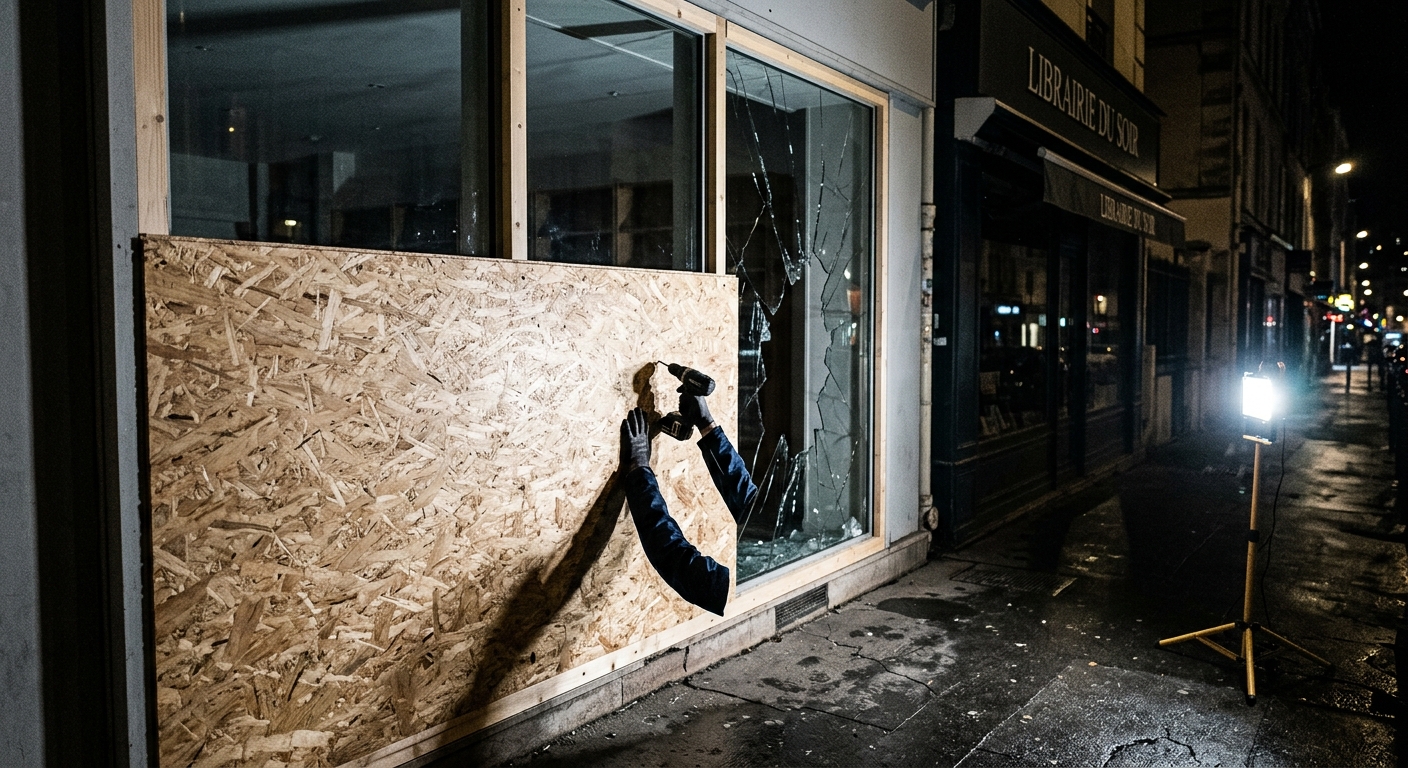 Artisan vitrier intervenant en urgence sur une vitrine brisée à Obernai